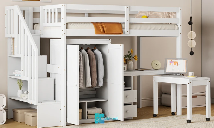 تصویر تخت خواب بلند دارای کشو و کمد