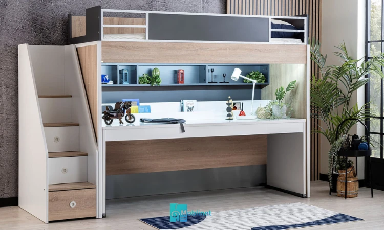 تصویر تخت خواب بلند دارای میز مطالعه