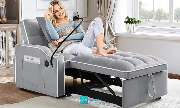 تصویر خانمی نشسته روی مبل تختخواب شو